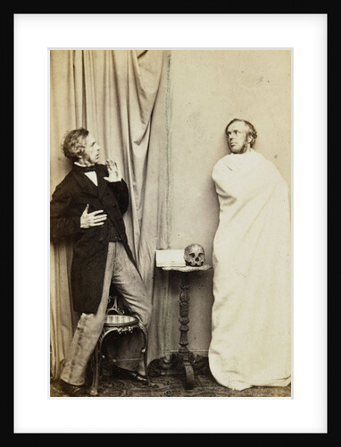Two standing men acting recoiling sing ghost with skull on the table between them by L. de Koningh
