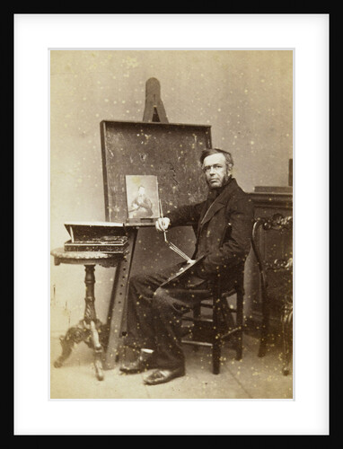 Portrait painter sitting near an easel with a portrait, palette and brushes, and a paint box on the table (self-portrait Leonard the Koningh?) by L. de Koningh