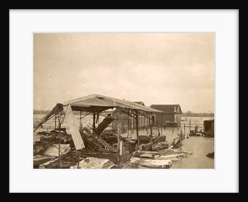 Destroyed barn on flooded land in the suburbs of Paris, 1910, France by Anonymous