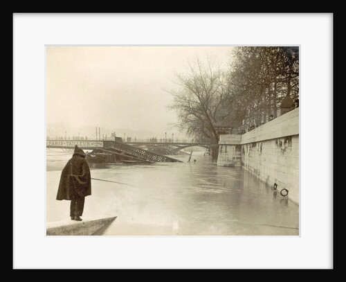 Flooded Seine banks, destroyed bridges and an angler during flooding of Paris, France by Anonymous