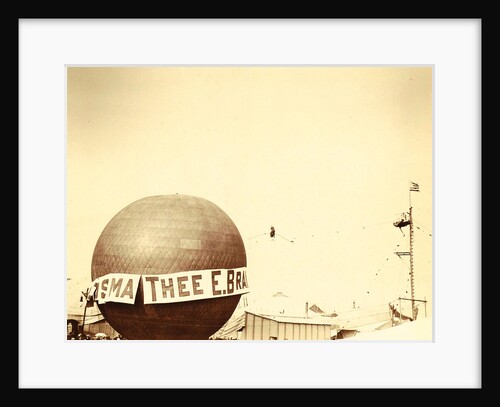 Hot air balloon with advertisements for Tea E Brandsma in the background a tightrope walker over a fairground by Anonymous