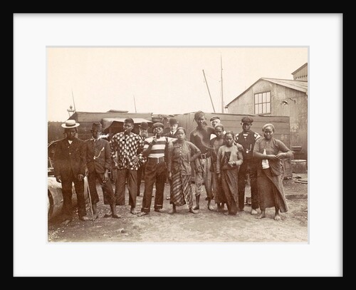 Indian men and women in the background western men, believed to be a port site by Anonymous