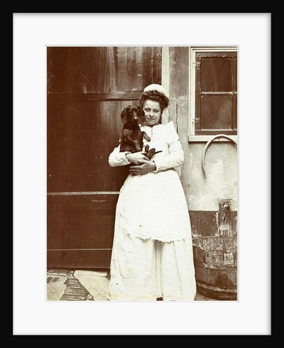 Maid with a dachshund in her arms at an outside tap by Anonymous