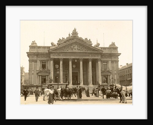 Exterior of the Brussels Stock Exchange with the foreground passersby and horses, seen from Anspach, Belgium by Anonymous