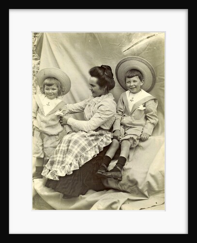 Portrait of a woman with two children with sun hats and sailor suits by Anonymous