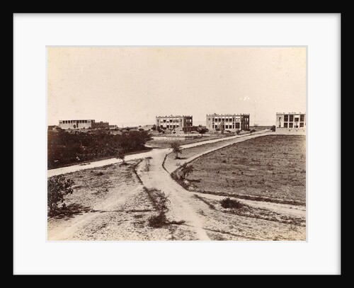 Four buildings along a road in Persia, probably telegraph offices by Antoine Sevruguin