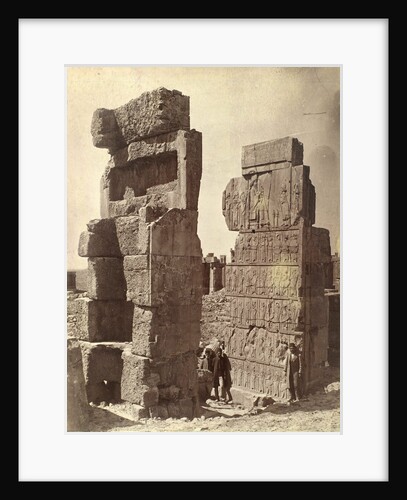 Three men posing with a relief of King Darius at Persepolis by Antoine Sevruguin