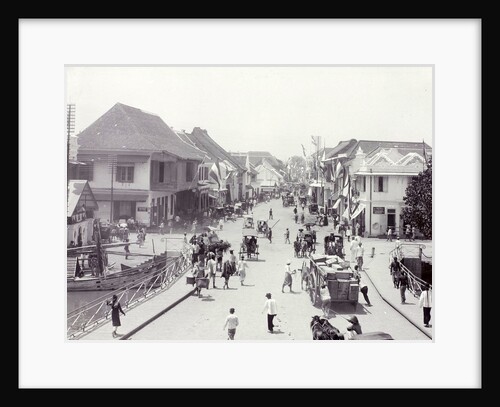 Red Bridge in Surabaya with carts and passersby, Indonesia by Anonymous