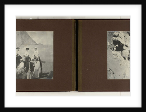 Egypt, pyramids and Sphinx of Giza with three European tourists on camels with Egyptian guides by C. & G. Zangaki