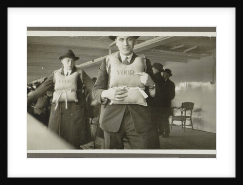Two men wearing life jackets on board a ship by Anonymous