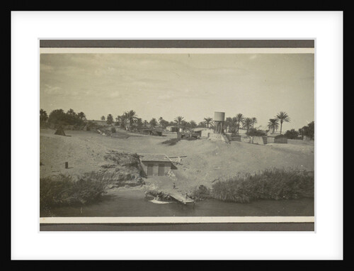 View of a village with a water pool and palm trees on a shore by Anonymous