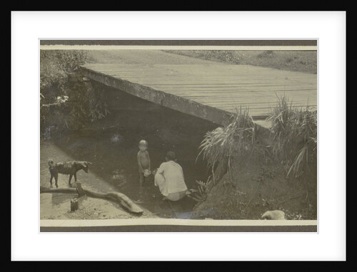 woman, a child and a dog on the bank of a stream by Anonymous