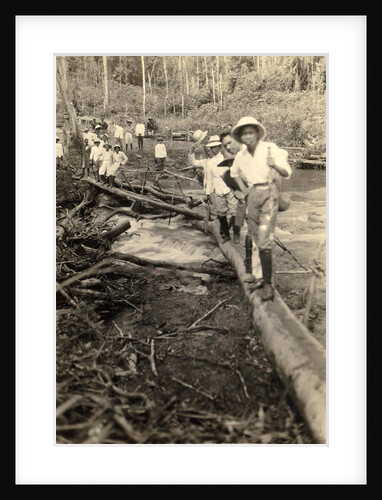 Indian men stabbing a log bridge by Anonymous