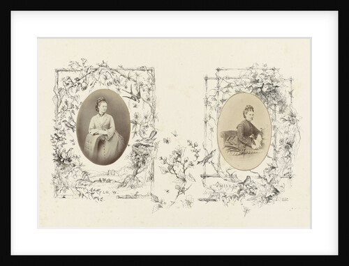 Portrait of woman bordered by drawing frame with flora and birds by Anonymous