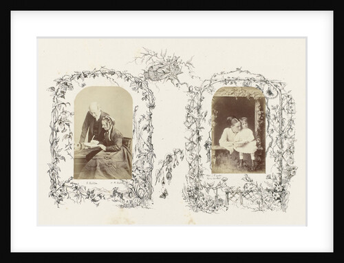 Portrait of Mrs. T. P. and Tom Carter at studio window, bordered by a drawing of flora with fencing and winch by Anonymous