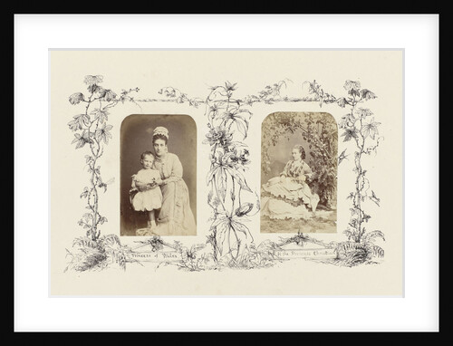 Portrait of Alexandra, Princess of Wales with child, bordered by drawing flora around fencing by Anonymous