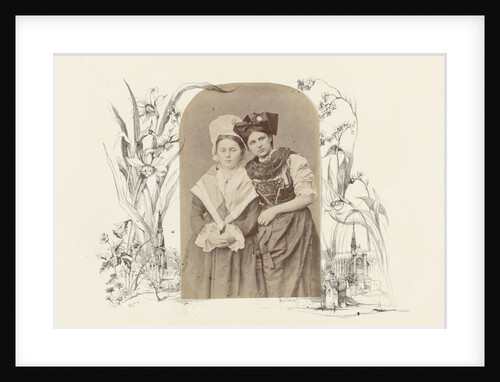 Antwerp, Belgium, genre portrait of two girls in costume surrounded by flora and city profile by Anonymous