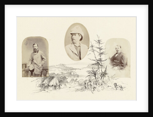 Portrait of Livingstone bordered by a drawing of an African landscape with hut, bay and lion by Anonymous