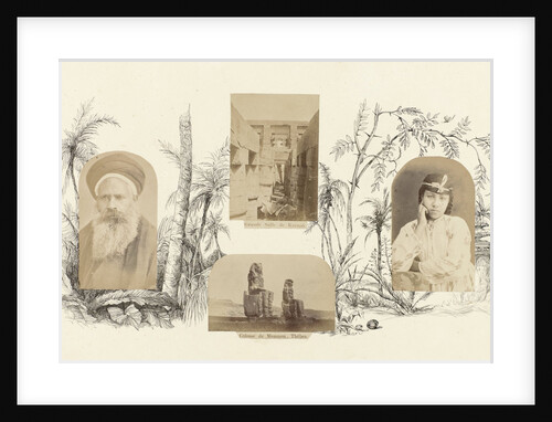 Egypt Colossi of Memnon, Thebes bordered by drawing flora by Anonymous