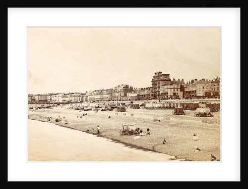 Buildings, bathers and bathing carriages on Brighton beach UK by Anonymous