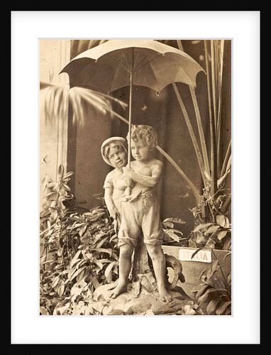 Picture of two children under an umbrella in the midst of plants, exhibited at the Paris, France World Exhibition in 1889 by Anonymous
