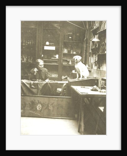 Portrait of woman with dog in sewing and interior by Anonymous