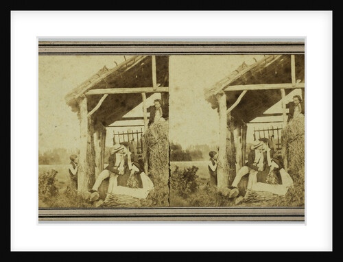 Scene in hay barn, two young men watch a couple kissing by Laon Pierre Jouvin