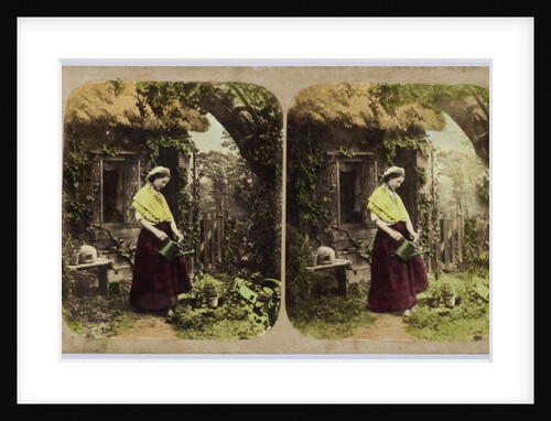 Scene with Cottage: young woman watering plants by Anonymous