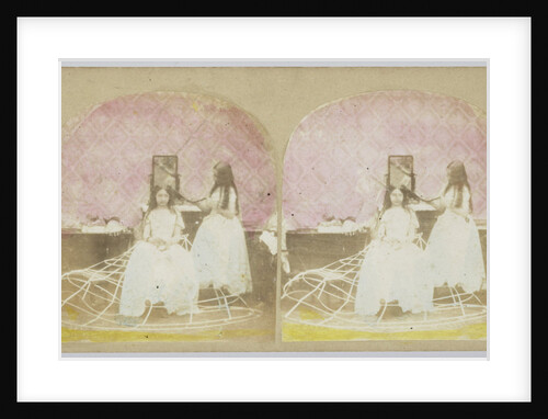Scene in boudoir: girl combs hair of another girl in crinoline by Anonymous