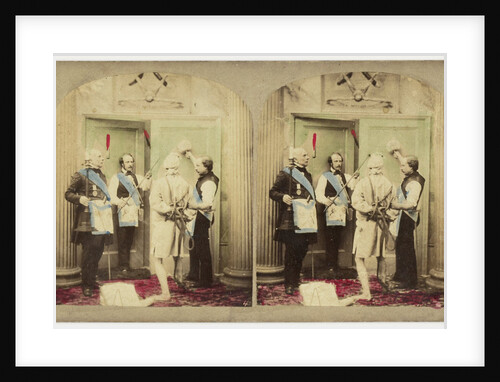 Scene in interior: three Freemasons and bound man by Anonymous
