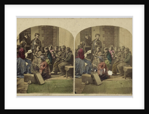 Scene in classroom, teacher headboard, class children with books by Anonymous