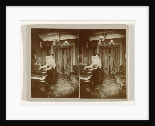 Woman with tray in her hand standing next to a piano by Anonymous