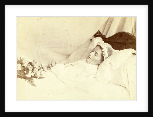 Post mortem portrait of a deceased woman; she is wearing a hat and holding a bunch of roses and a rosary between her clasped hands by Anonymous