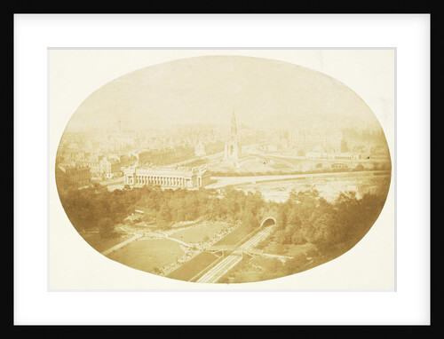 Oval view of Edinburgh, Scotland, with the monument to Sir Walter Scott by John Thomson