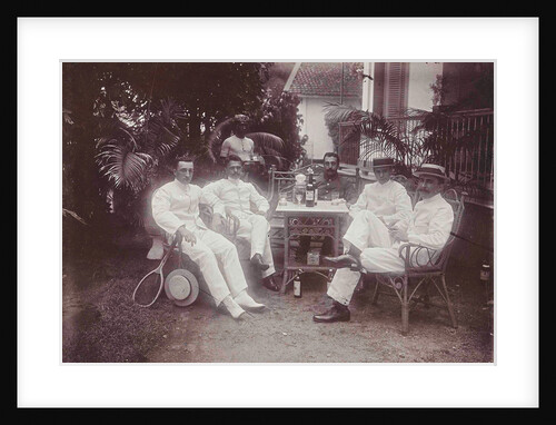 Group of men at the table in front of the porch is verved by Indian man by Anonymous