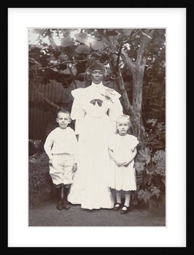 Portrait of Surinamese nanny with two white children by Augusta Curiel