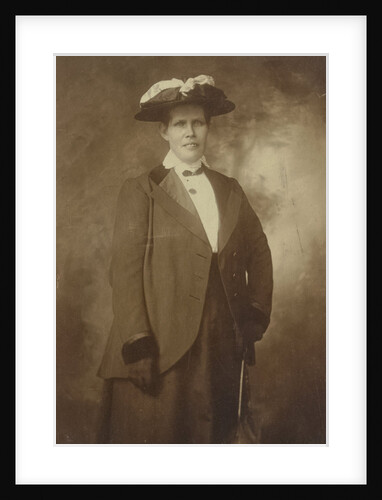 Portrait woman with jacket, hat and umbrella by Anonymous