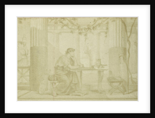 Illustrate Quinti Horatii Flacci Carminum, sitting at table in atrium with winch and amphora by Anonymous