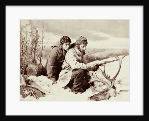 Two hunters in the snow in front of them a moose head by William Notman