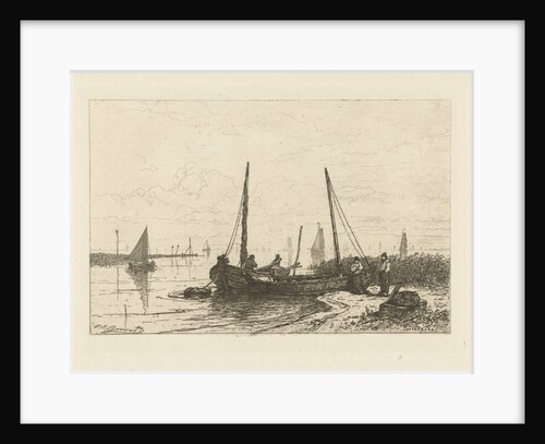 The Zuiderzee. In the foreground, a bank with a fishing boat by Johan Conrad Greive