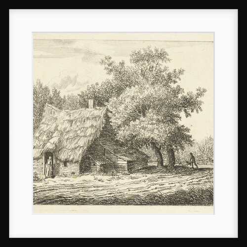 Farm with wife at the door and a man with a wheelbarrow on path by Anthonie van den Bos