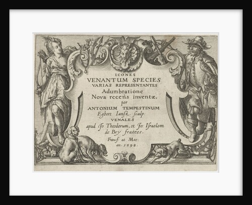 Cartouche goats head flanked by a falconer and a woman with bow and arrow by Egbert Jansz.