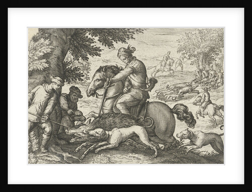Hilly landscape with hunting wild boar, Egbert Jansz., Antonio Tempesta by Johann Theodor and Johann Israel de Bry