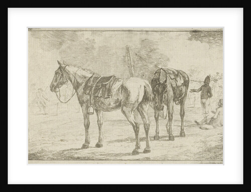 Two saddled horses at an army camp by Dirk Langendijk