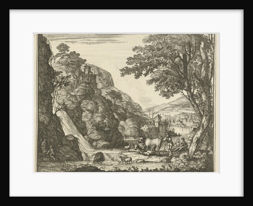 Shepherd with animals at a waterfall by Gerard Melder