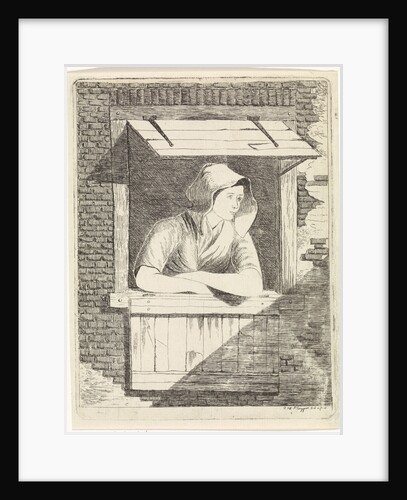 A woman with a hood on the head leaning out a window with horizontal blinds by J.H. Pluygers