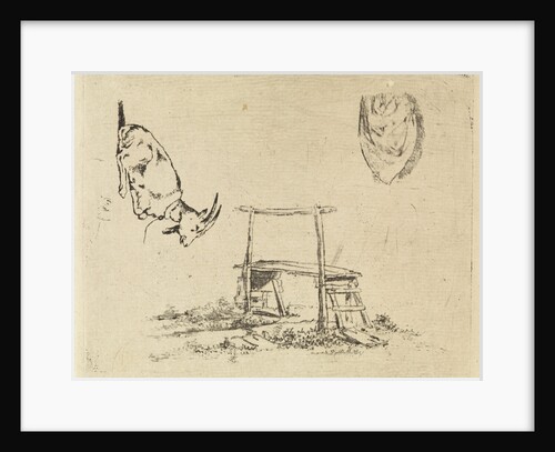 Study Sheet with reclining goat, a wooden bench and a drapery by Johannes Huibert Prins