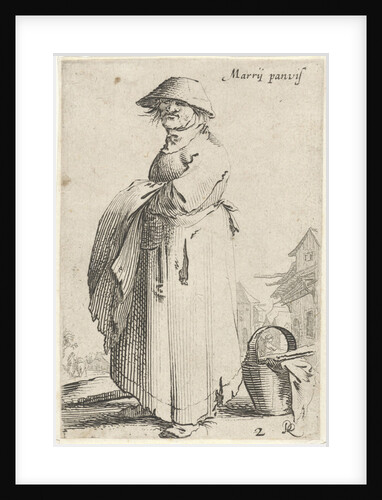 Woman with towel on her arm behind her basket on the ground by Salomon Savery