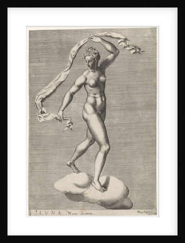 Diana as the moon goddess Luna on a cloud, the moon on the forehead, from a series of prints with planets by Pieter Valck