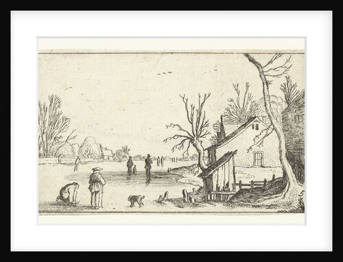 Farm with frozen river with skaters on the ice by Claes Jansz. Visscher II